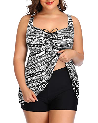 Cut Out Back Tankini Swimsuits Plus Size Flowy Swimwear For Women Shorts-Black Tribal
