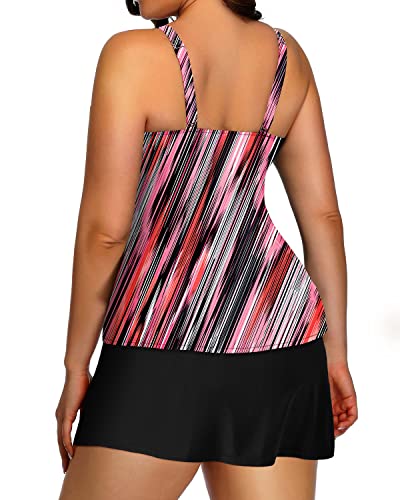 Women Plus Size Tankini Skirt Tummy Control Bathing Suits-Pink Stripe