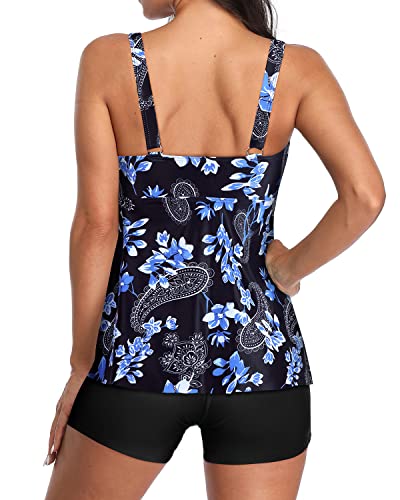 Women's Adjustable Wide Shoulder Straps Tankini Swimsuits-Blue Paisley