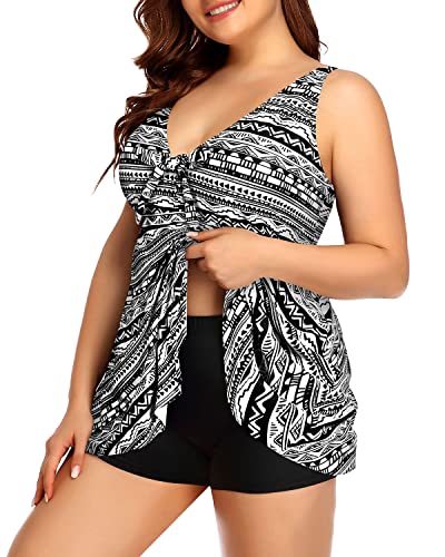 V Neck Flyaway Swimsuits Boyshorts And Modest Coverage For Women-Black Tribal
