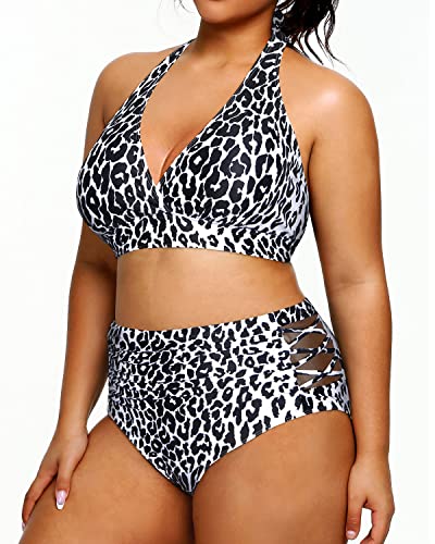 Plus Size Women's Halter Bikini Swimsuit Tummy Control Two Piece-Gradient Leopard