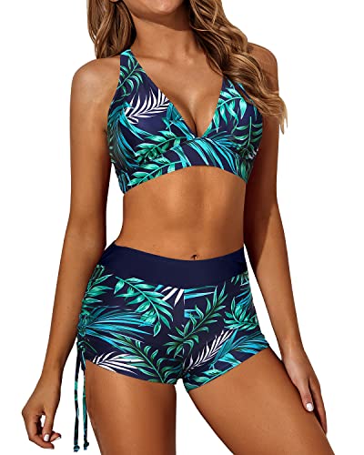 Flattering Backless Tankini Athletic 3 Piece Swimsuits For Women-Navy Leaves