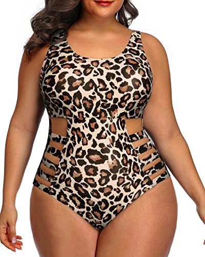 Tummy Control One Piece Bathing Suit Plus Size Side Cutout Sexy Swimwear-Leopard