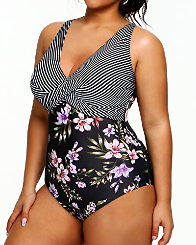Plus Size One Piece Swimsuit For Women Tummy Control Slimming Swimwear-Stripes And Flowers