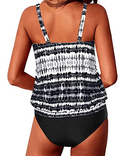Modest Two Piece Blouson Tankini Bathing Suits For Women-Black And White Tribal