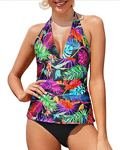 V Neck Cute Tankini Swimsuits Bikini Bottom Tummy Control Bathing Suits-Dark Green Leaves