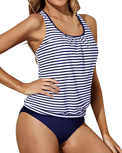 Women's Two Piece Swimsuit Tummy Control Tankini Bathing Suits Blouson Swimwear-Blue White Stripe