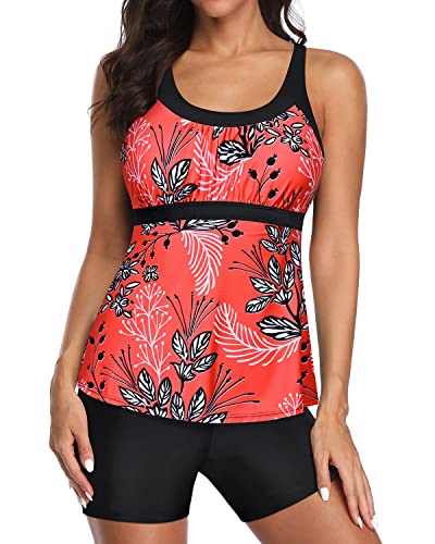 U Neck Swim Tank Top Tummy Control And Boyshorts Modest Swimwear-Red Floral