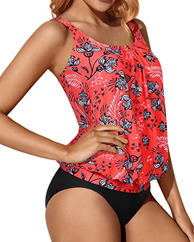 Tankini Swimsuits Removable Soft Bra And Triangle Briefs-Red Floral