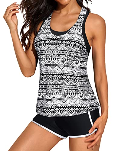 Flattering U-Neck Tankini Tops Sports Bra And Boyshorts Swim Shorts-Black Stripe