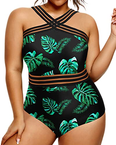 Strapless Monokinis For Slimming Plus Size Swimsuits For Women-Black And Green Leaf