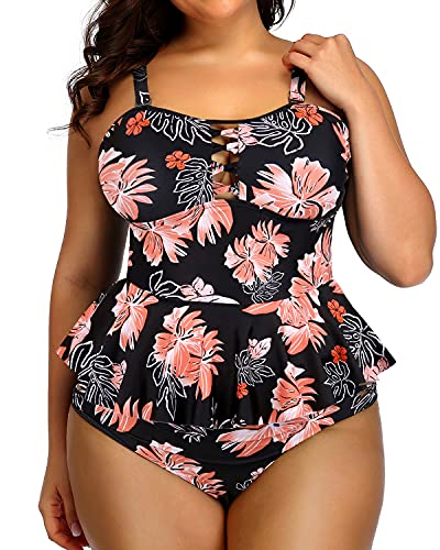 Plus Size Peplum Tankini Tops High Waisted Swimwear-Black Orange Floral