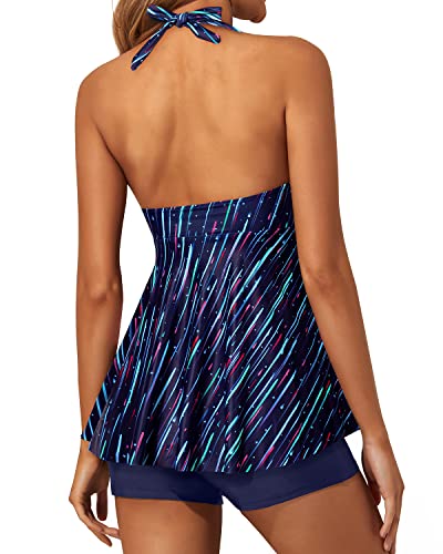 Women's V Neck Tankini Swimsuit Shorts And Flowy Twist Front Swimwear-Navy Blue