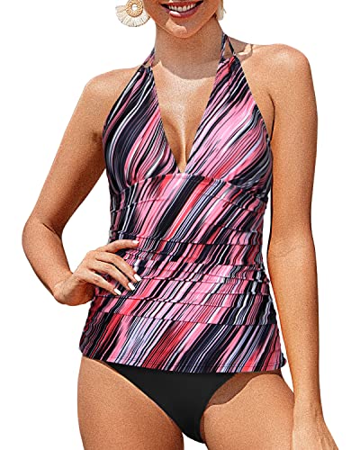 Open Back Halter Tankini Swimsuits Tummy Control Bathing Suits-Pink Stripe