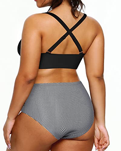 Women's Plus Size High Waisted Bikini Swimsuits Tummy Control Swimwear-Black Stripe