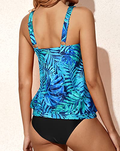 Modest Two Piece Tankini Set For Women Adjustable Straps-Dark Blue Green Leaves