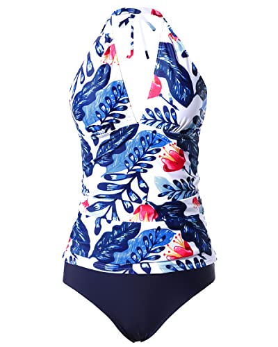 Sexy And Cute Open Back Swimsuits Floral Bikini Bottom Two Piece Tankini-White And Blue Floral