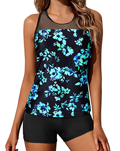 Two-Piece Sporty Tankini Bathing Suits For Juniors Boyleg Bottoms-Black Blue Floral