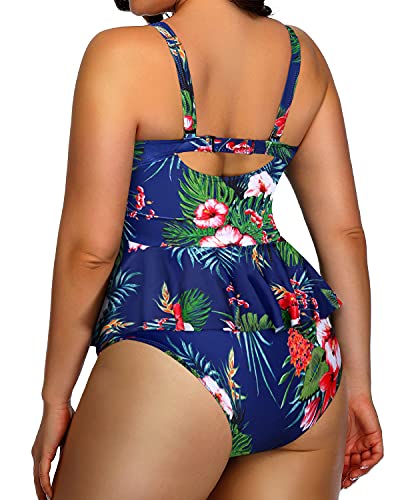 Criss Cross Design Plus Size Swimsuits For Women-Blue Floral