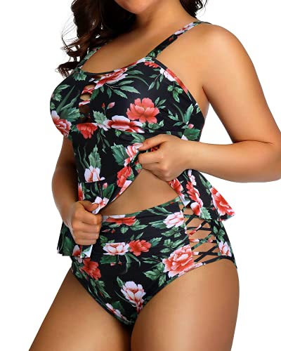 Removable And Adjustable Shoulder Straps Plus Size Swimsuits For Women-Black Floral