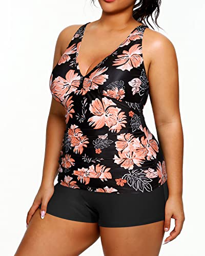 Two Piece Plus Size Tankini Shorts Bathing Suits For Women-Black Orange Floral