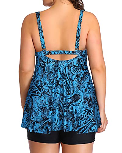 Adjustable Shoulder Straps Tankini Swimsuits Shorts For Women-Black And Tribal Blue