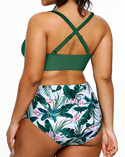 2 Piece Plus Size Bikini Set High Waisted Swimsuits Tummy Control Swimwear-Green Floral