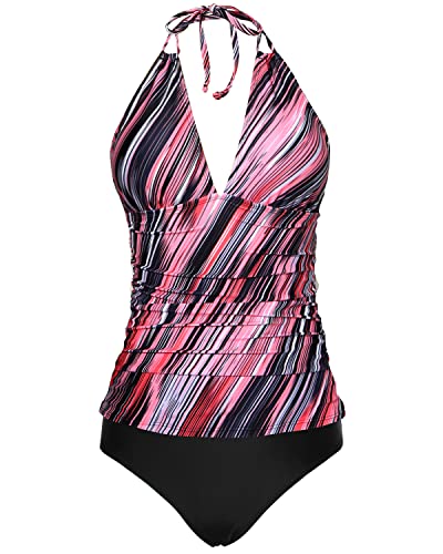 Open Back Halter Tankini Swimsuits Tummy Control Bathing Suits-Pink Stripe
