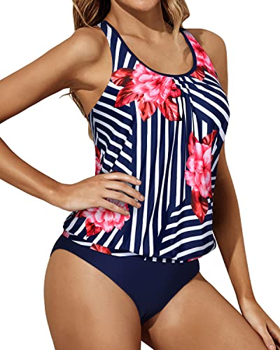 Loose Fit Two Piece Tankini Bathing Suits For Women Tummy Control-Blue Floral