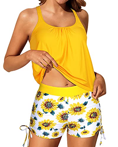 Slimming Womens Blouson Tankini Swimsuit Two Piece Strappy Bathing Suit-Sunflower