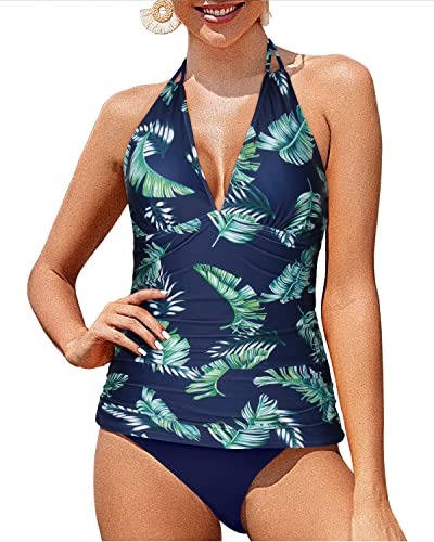 Women's Halter Tankini V Neck Tops & Bikini Bottom Bathing Suit Set-Blue Leaves