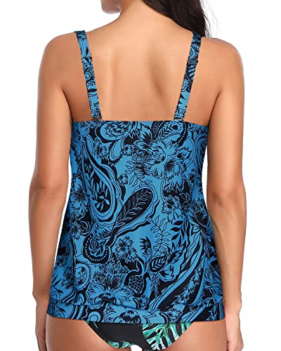 Athletic Style Tankini Swim Top Adjustable Straps For Women-Blue Paisley