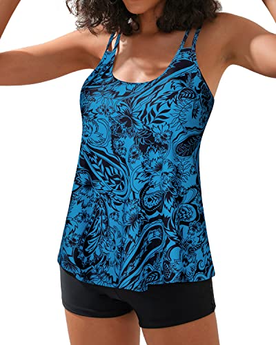 Women's U Neckline Tankini Tops & Boy Shorts Juniors Bathing Suit-Black And Tribal Blue