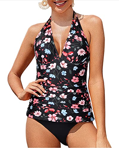 Halter Tankini Swimsuits Tummy Control For Women-Black And Pink Floral
