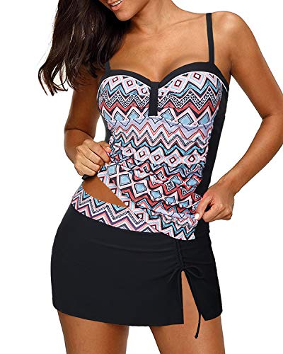Adjustable Ruched Tankini Sets Skirted Bottoms For Women-Black Tribal