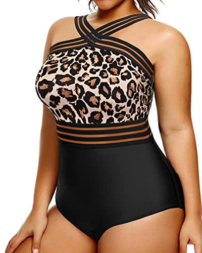 High Waist Full Coverage Monokini Swimsuits For Women Plus Size Swimming Suits-Black And Leopard