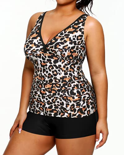 V Neck Plus Size Tankini Shorts Tummy Control Tankini Two Piece Bathing Suits-Black And Leopard