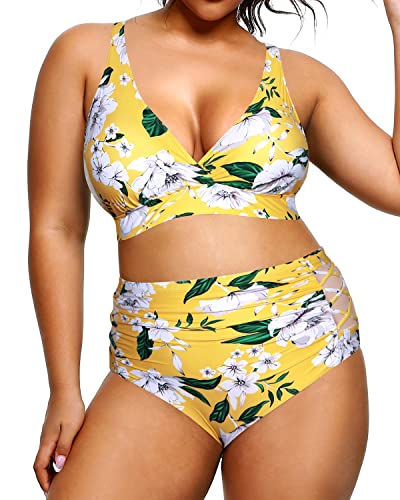 Tummy Control Plus Size Bikini High Waisted Bikini Swimsuits For Women-Yellow Flower