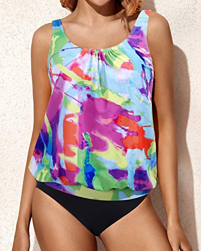 Loose Fit Blouson Tankini Two Piece Bathing Suits For Ladies-Color Tie Dye