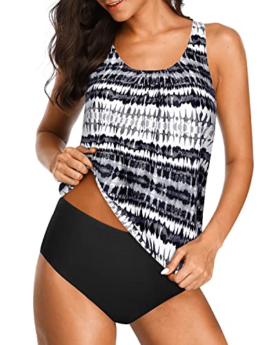Flattering Blouson Tankini Tops Triangle Briefs Two Piece Set-Black And White Tribal
