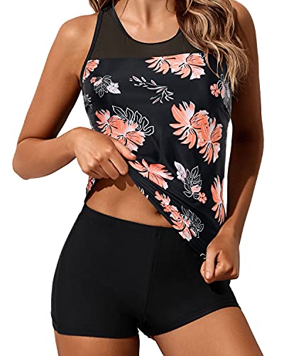 Ladies Mid-Waist Solid Boyleg Bottom Tankini Swimsuit-Black Orange Floral
