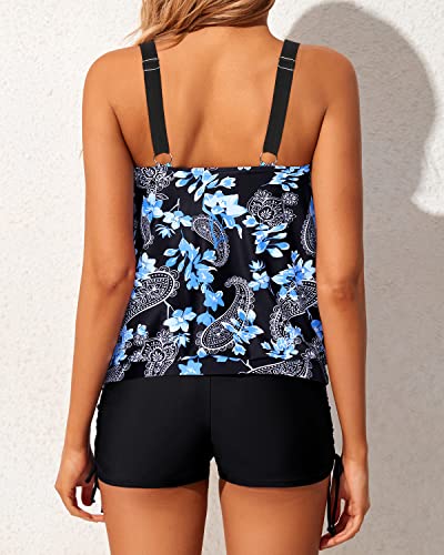 Loose Fit Bathing Suits For Women Blouson Tankini Swimsuits-Black Floral