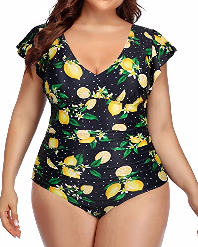 V-Neck Bathing Suits Ruffles Plus Size Swimsuits For Women-Lemon