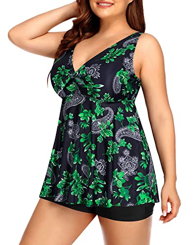 Flowy Bathing Suits Shorts And Modest Coverage Tankini Swimsuits For Women-Green Paisley