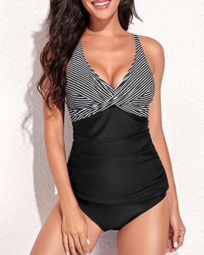 V-Neck Tankini Swimsuits For Women Tummy Control Bathing Suits-Black And White Stripe