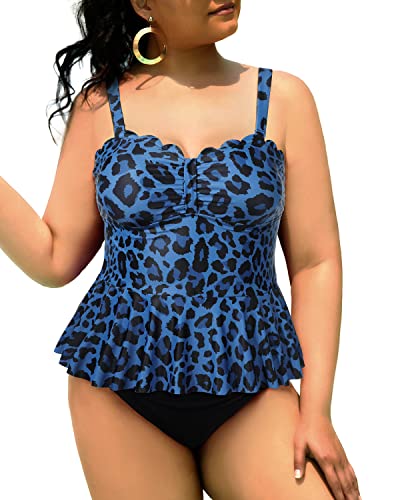 Ruffle Hem Tankini Top High Waisted Bottom Plus Size Tankini Swimsuits-Blue Lepoard