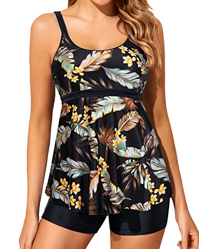 Two Piece Tankini Bathing Suits For Women Slimming Swimming Suit-Brown Leaves