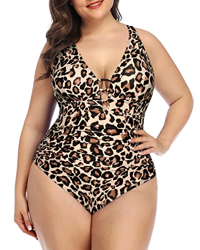 Slimming Bathing Suit Lace Up Plunge V Neck For Women-Leopard