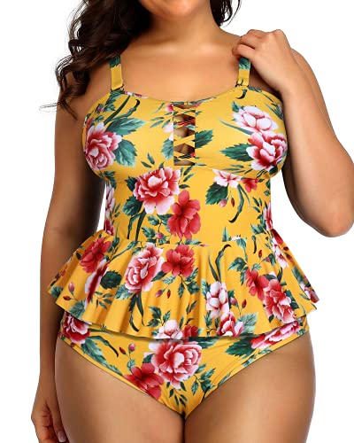 Lace Up Retro Ruffle Tankini Tops Lace Strappy Sides Bikini Bottoms-Yellow Floral