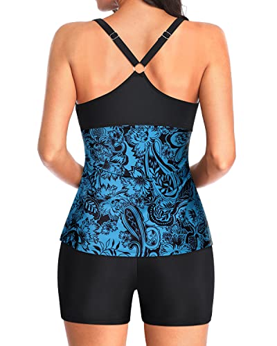 Modest Tankini Bathing Suits Boyshorts For Women's Swimwear-Black And Tribal Blue